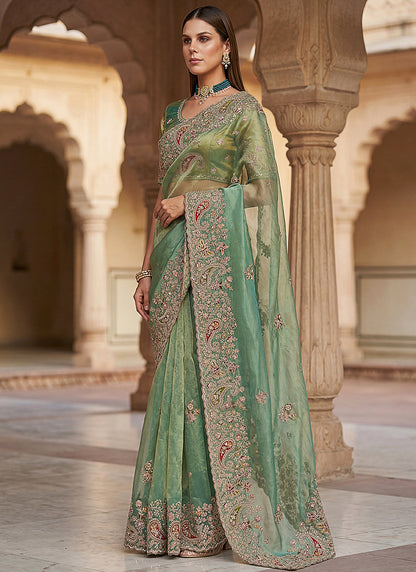 Green Silk Embroidery Work Wedding Wear Saree SW981344