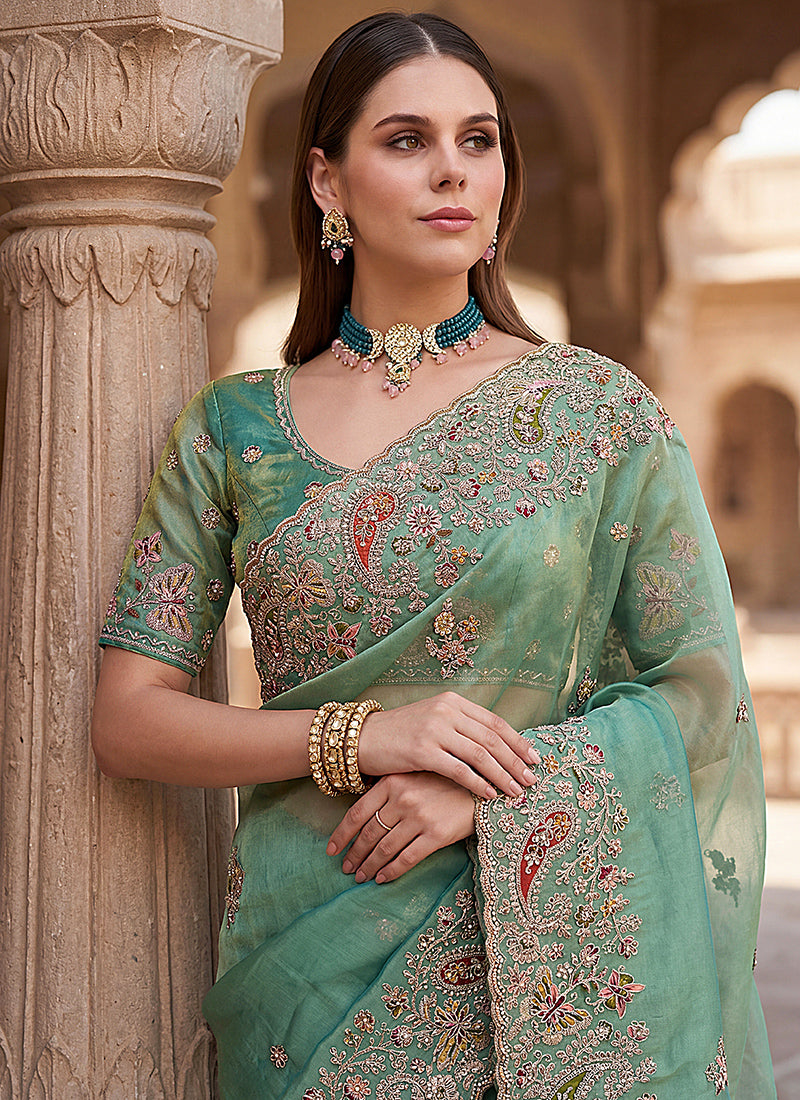 Green Silk Embroidery Work Wedding Wear Saree SW981344