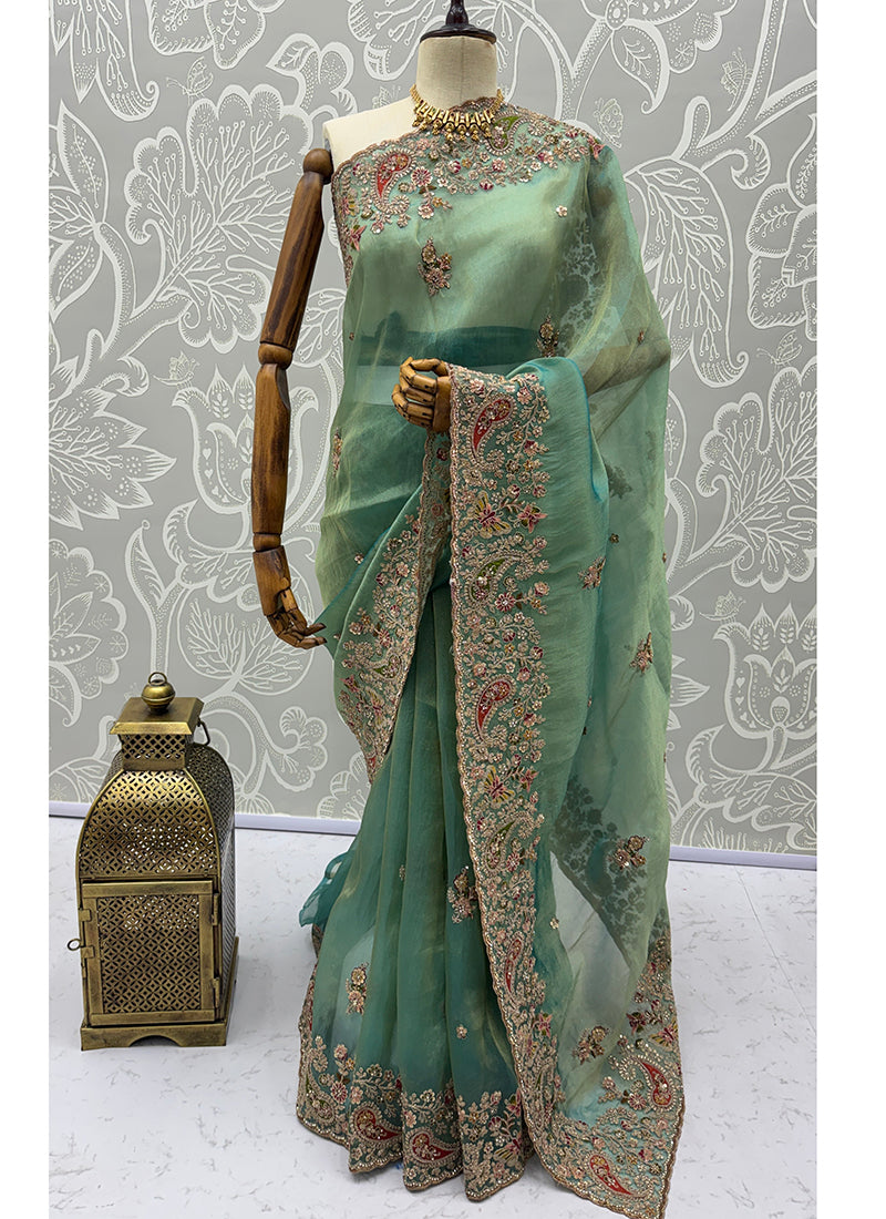 Green Silk Embroidery Work Wedding Wear Saree SW981344