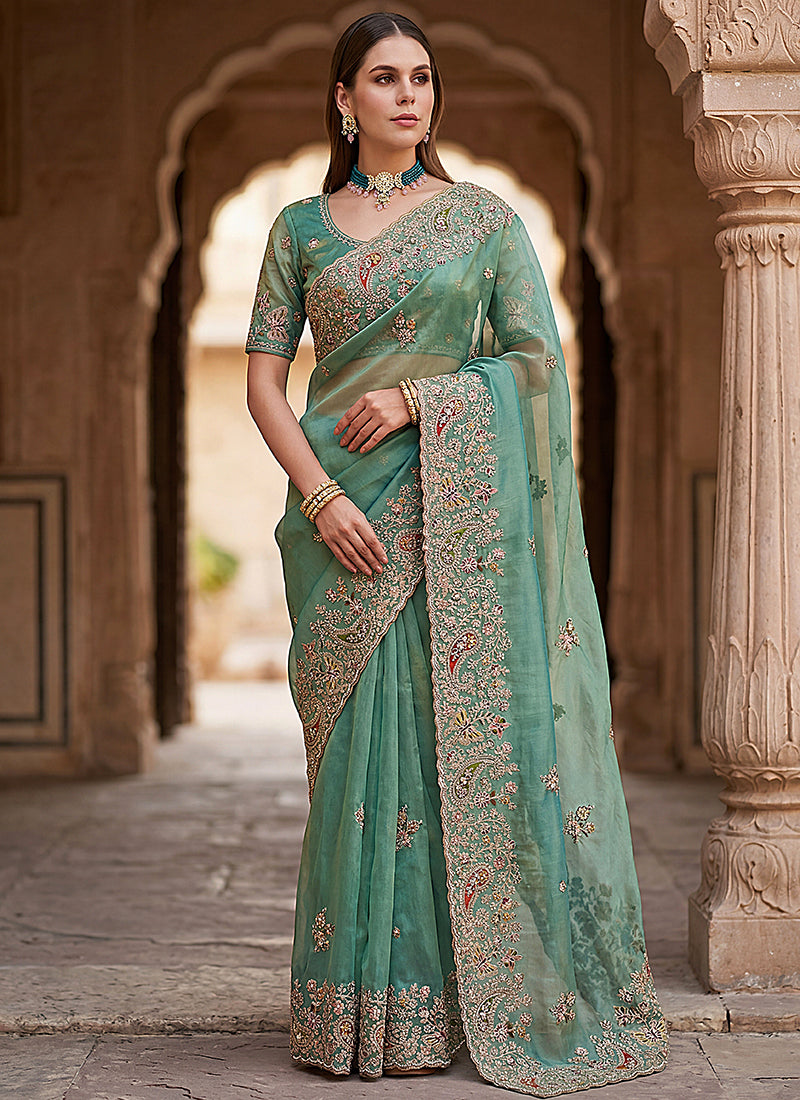 Green Silk Embroidery Work Wedding Wear Saree SW981344