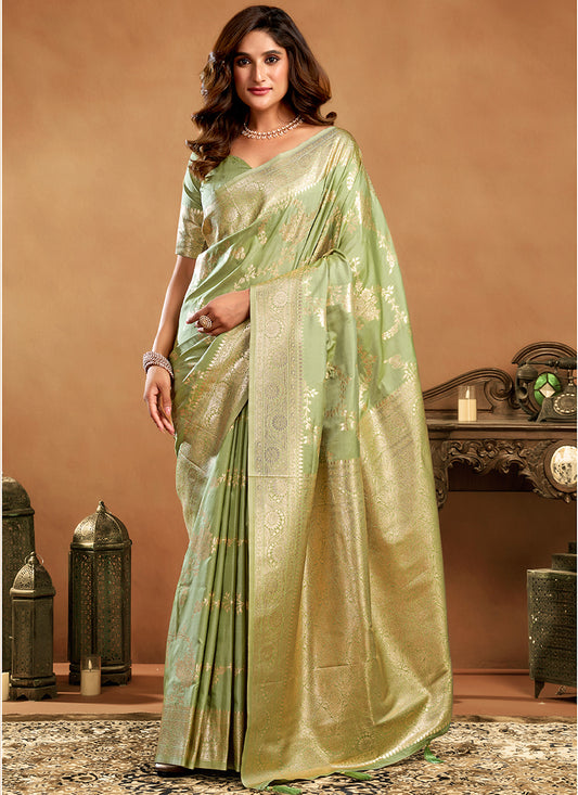 Silk Green Saree with Weaving Work for Festival Wear 380349