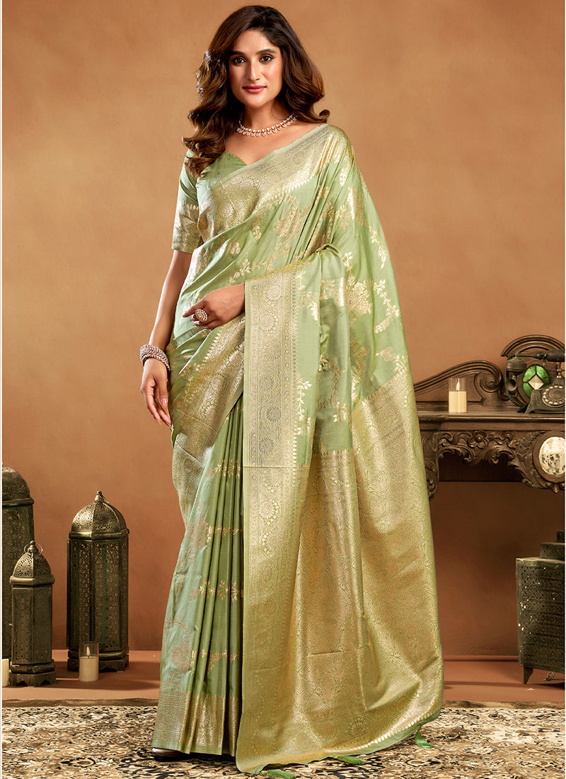 Silk Green Saree with Weaving Work for Wedding Wear 380349