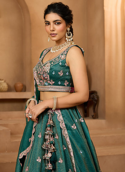 Tissue Green Bridal Lehenga Choli Embroidery Work Lehenga Choli 385343