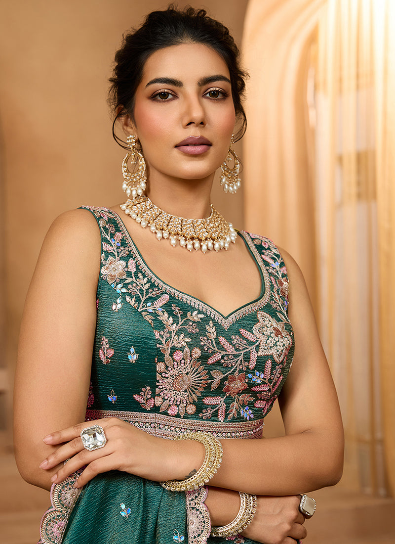 Tissue Green Bridal Lehenga Choli Embroidery Work Lehenga Choli 385343