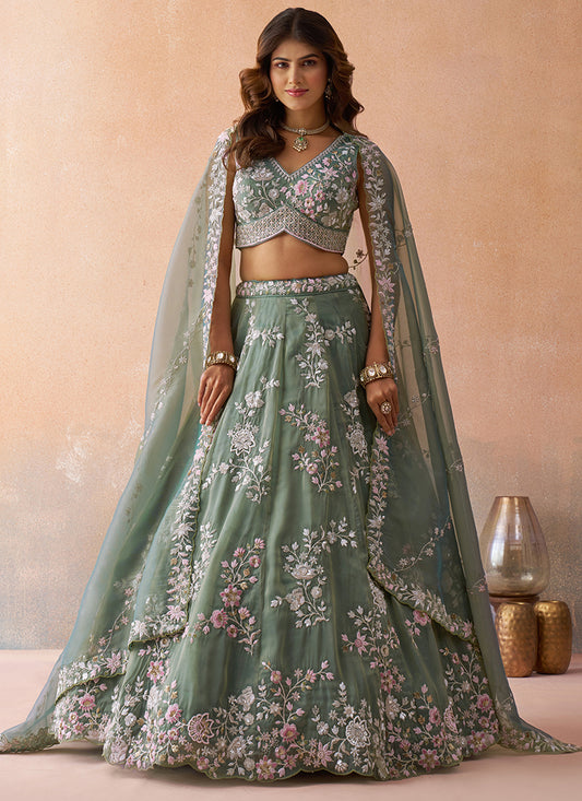 Green Tissue Bead Work Occasional Wear Lehenga Choli SW769023