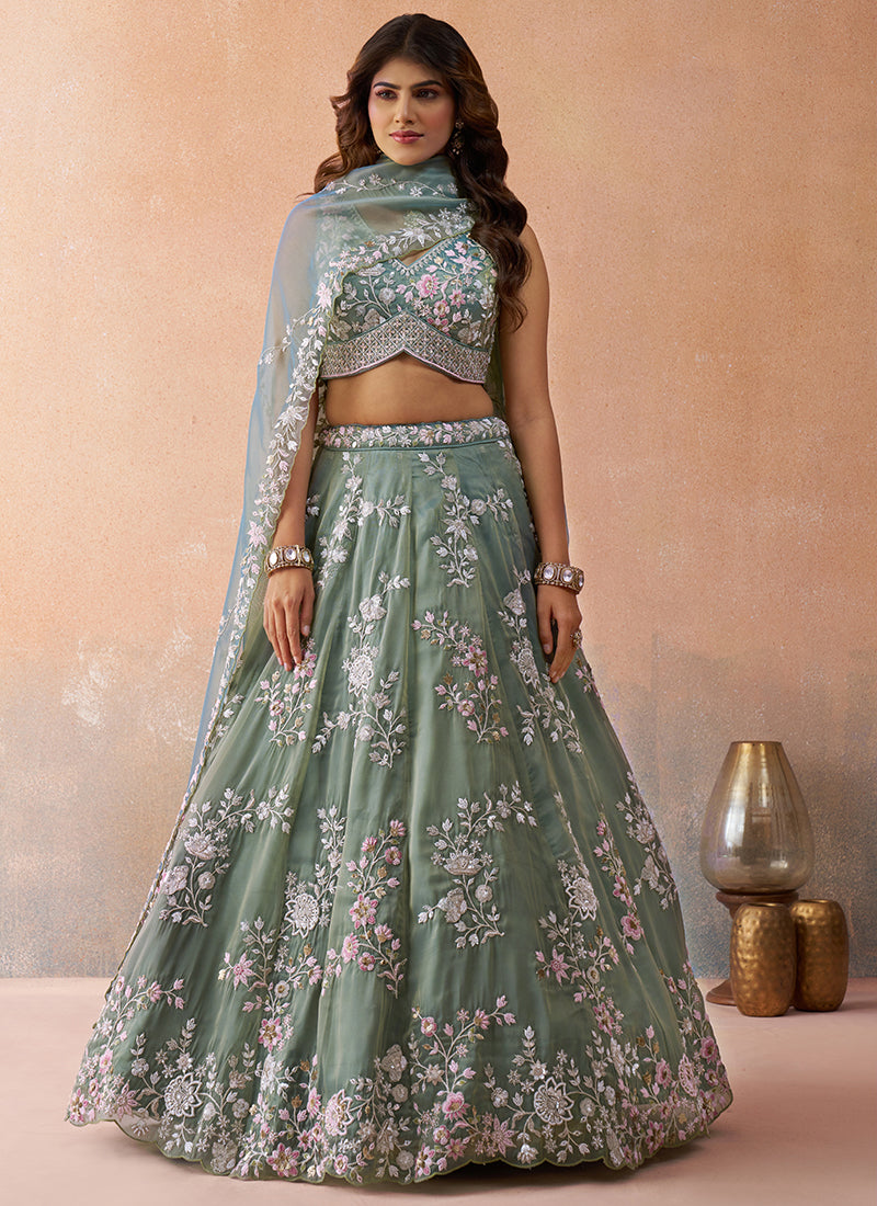 Green Tissue Bead Work Occasional Wear Lehenga Choli SW769023
