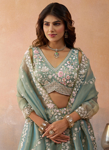 Green Tissue Bead Work Occasional Wear Lehenga Choli SW769023