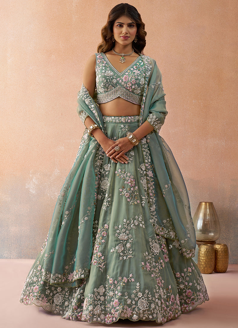 Green Tissue Bead Work Occasional Wear Lehenga Choli SW769023