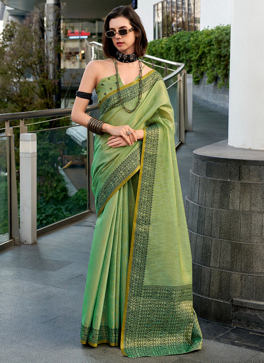 Green Tissue Silk Printed Work Occasional Wear Saree SW441051