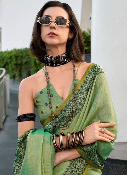 Green Tissue Silk Printed Work Occasional Wear Saree SW441051