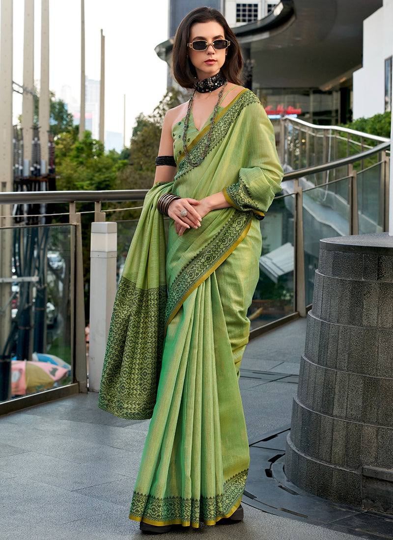 Green Tissue Silk Printed Work Occasional Wear Saree SW441051