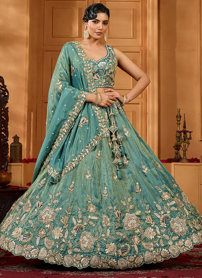 Tissue Green Wedding Wear Embroidery Work Lehenga Choli 385381