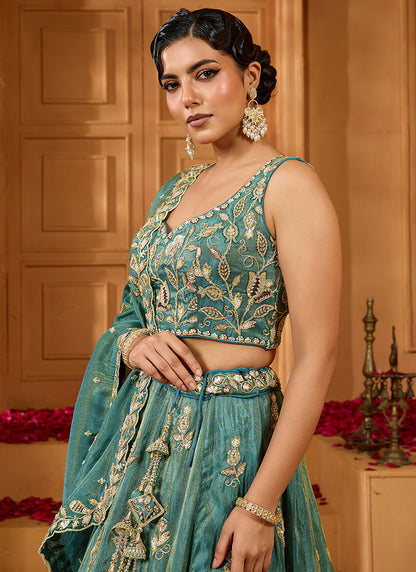 Tissue Green Wedding Wear Embroidery Work Lehenga Choli 385381