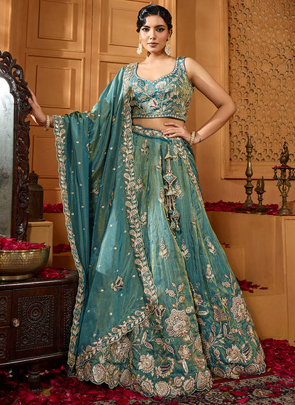 Tissue Green Wedding Wear Embroidery Work Lehenga Choli 385381