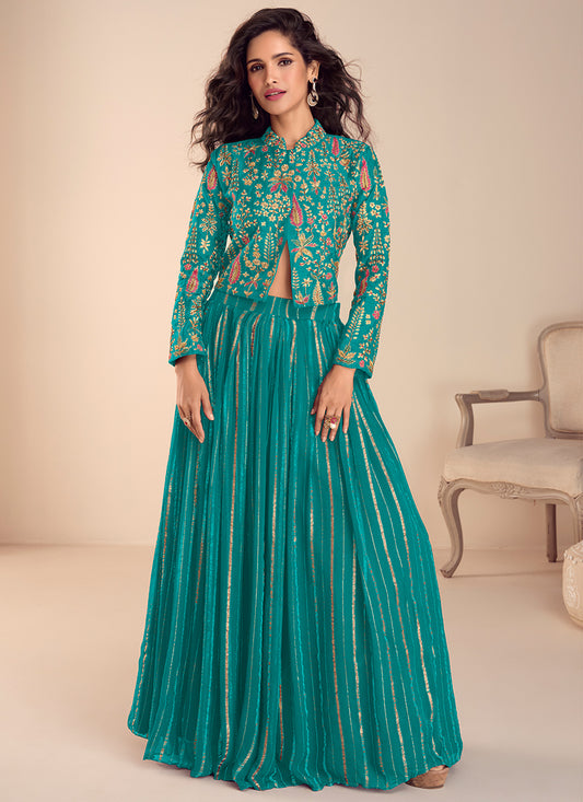 Green Vichitra Silk Embroidery Work Party Wear Readymade Ethnic Wear SW269940