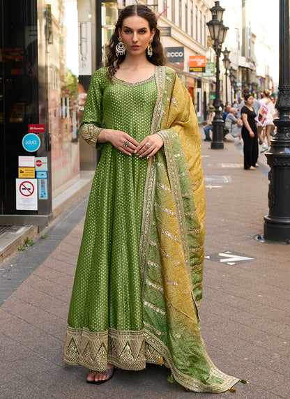 Viscose Jacquard Silk Green Festival Wear Embroidery Work Readymade Anarkali Suit 388488