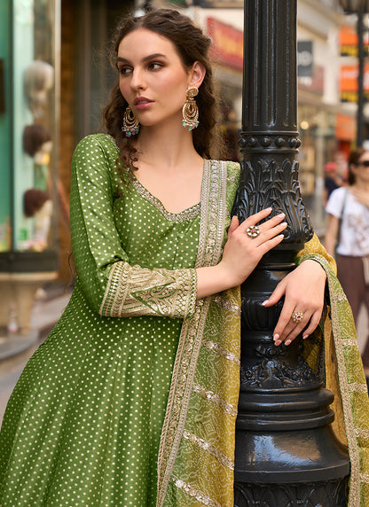 Viscose Jacquard Silk Green Festival Wear Embroidery Work Readymade Anarkali Suit 388488