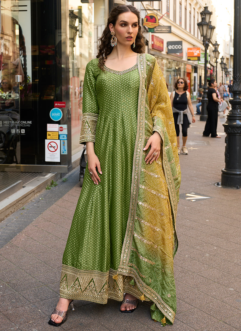 Viscose Jacquard Silk Green Festival Wear Embroidery Work Readymade Anarkali Suit 388488