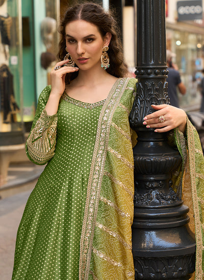 Viscose Jacquard Silk Green Festival Wear Embroidery Work Readymade Anarkali Suit 388488
