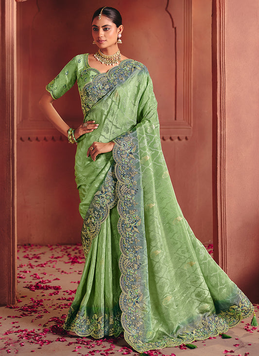 Green Zari Dola Jaquard  Embroidery Work Wedding Wear Saree SW902432
