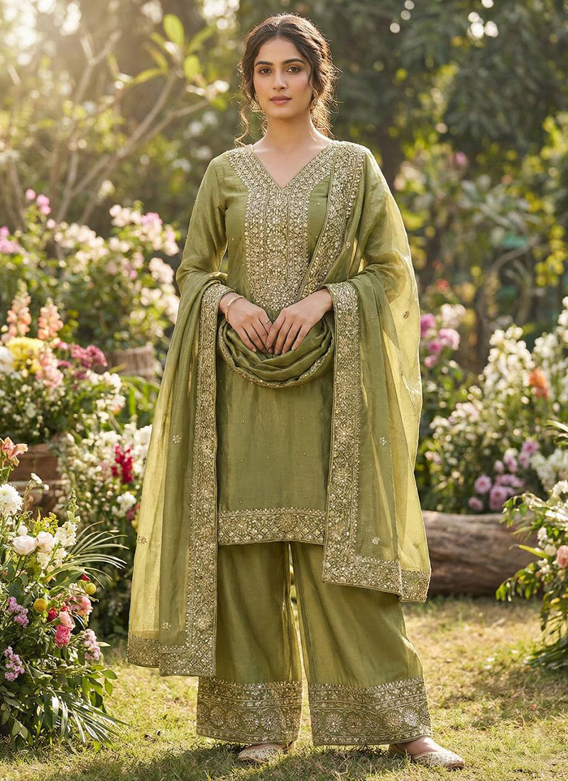 Silk Green Festival Wear Embroidery Work Readymade Plazzo Suit 390543