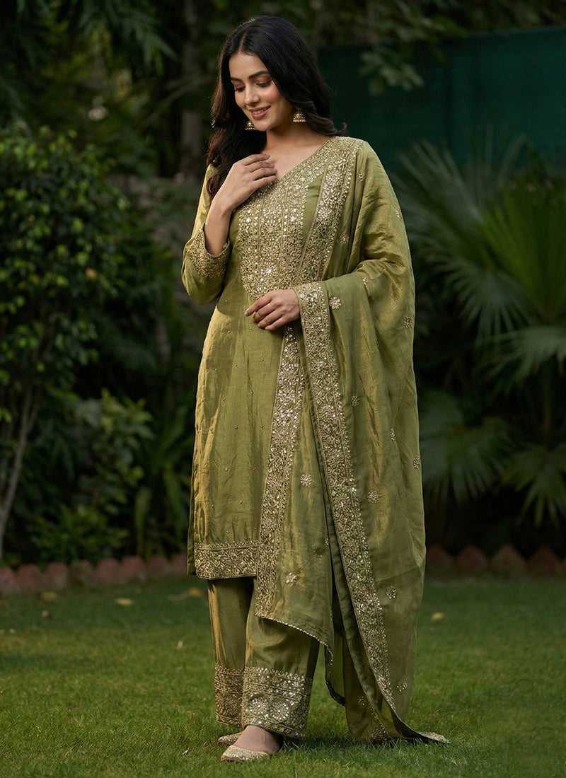 Green Silk Embroidery Work Festival Wear Readymade Plazzo Suit SW911913
