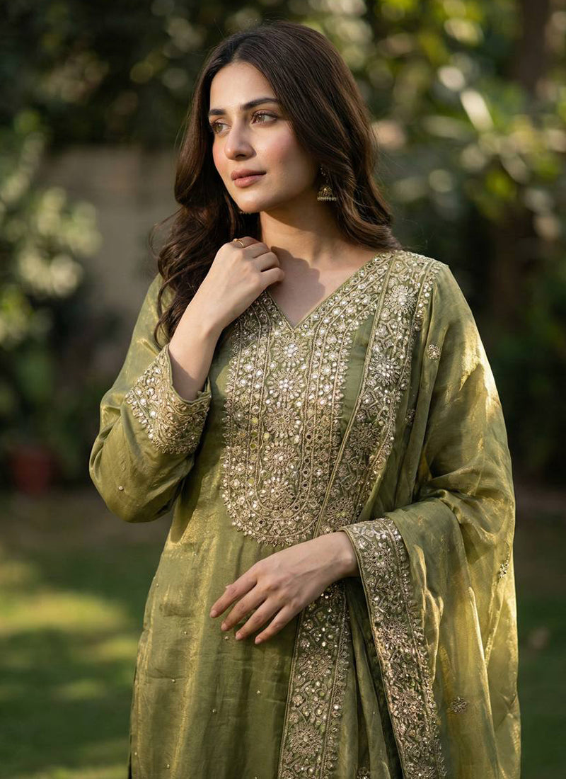 Silk Green Festival Wear Embroidery Work Readymade Plazzo Suit 390543