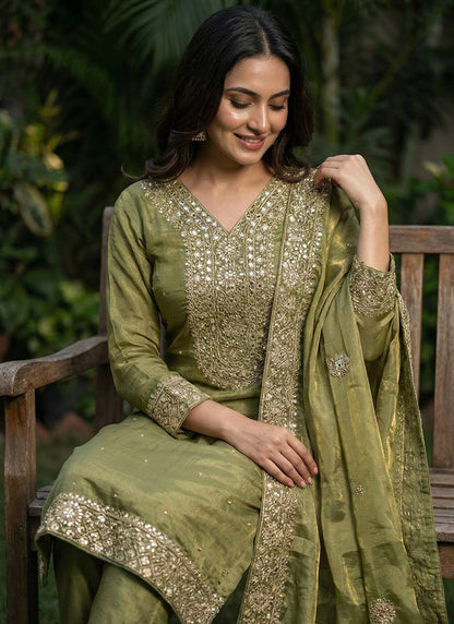 Silk Green Festival Wear Embroidery Work Readymade Plazzo Suit 390543