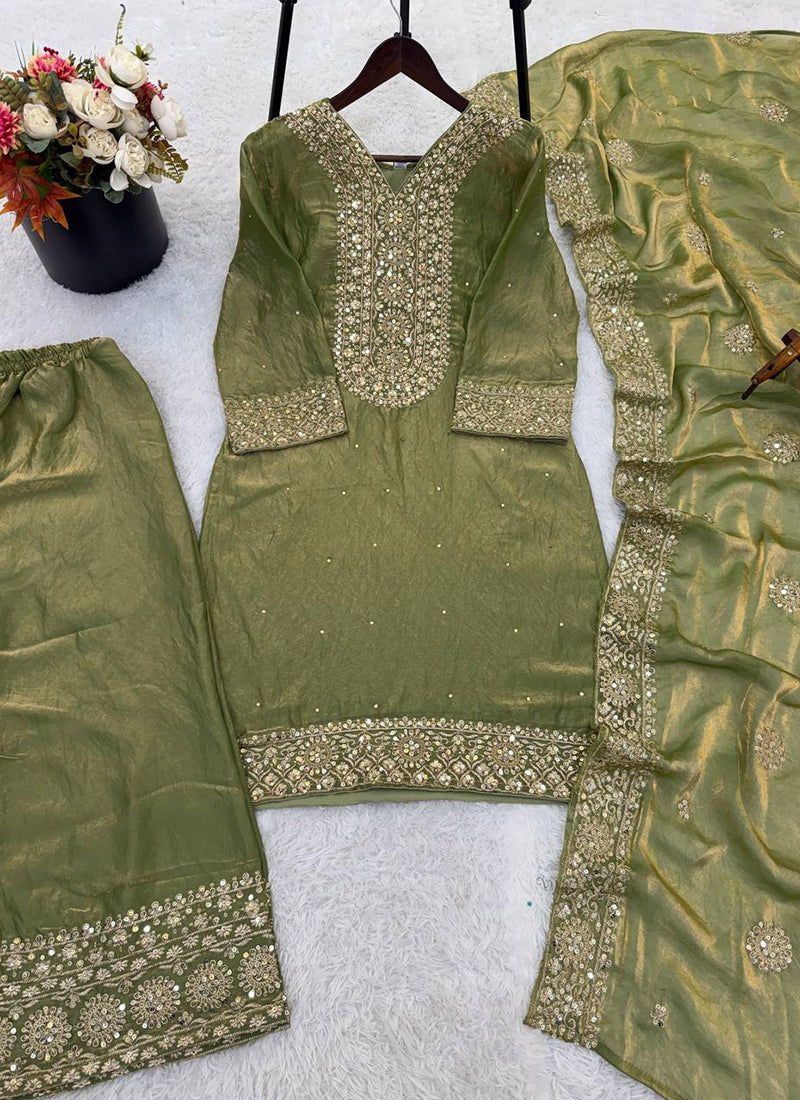 Silk Green Festival Wear Embroidery Work Readymade Plazzo Suit 390543