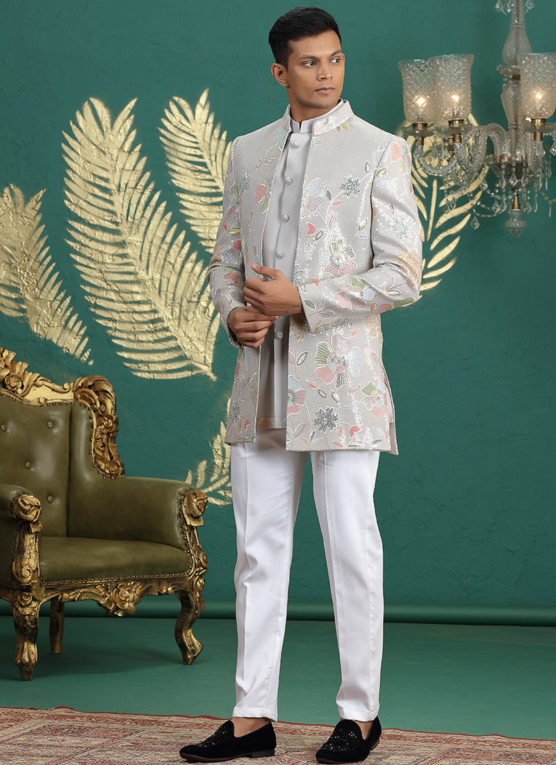 Art Silk Grey Party Wear Computer Thread Work Readymade IndoWestern Sherwani 387376