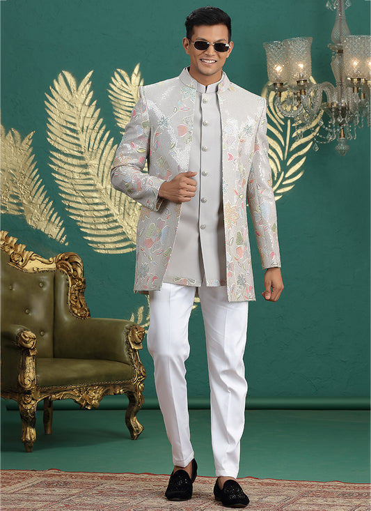 Art Silk Grey Party Wear Computer Thread Work Readymade IndoWestern Sherwani 387376