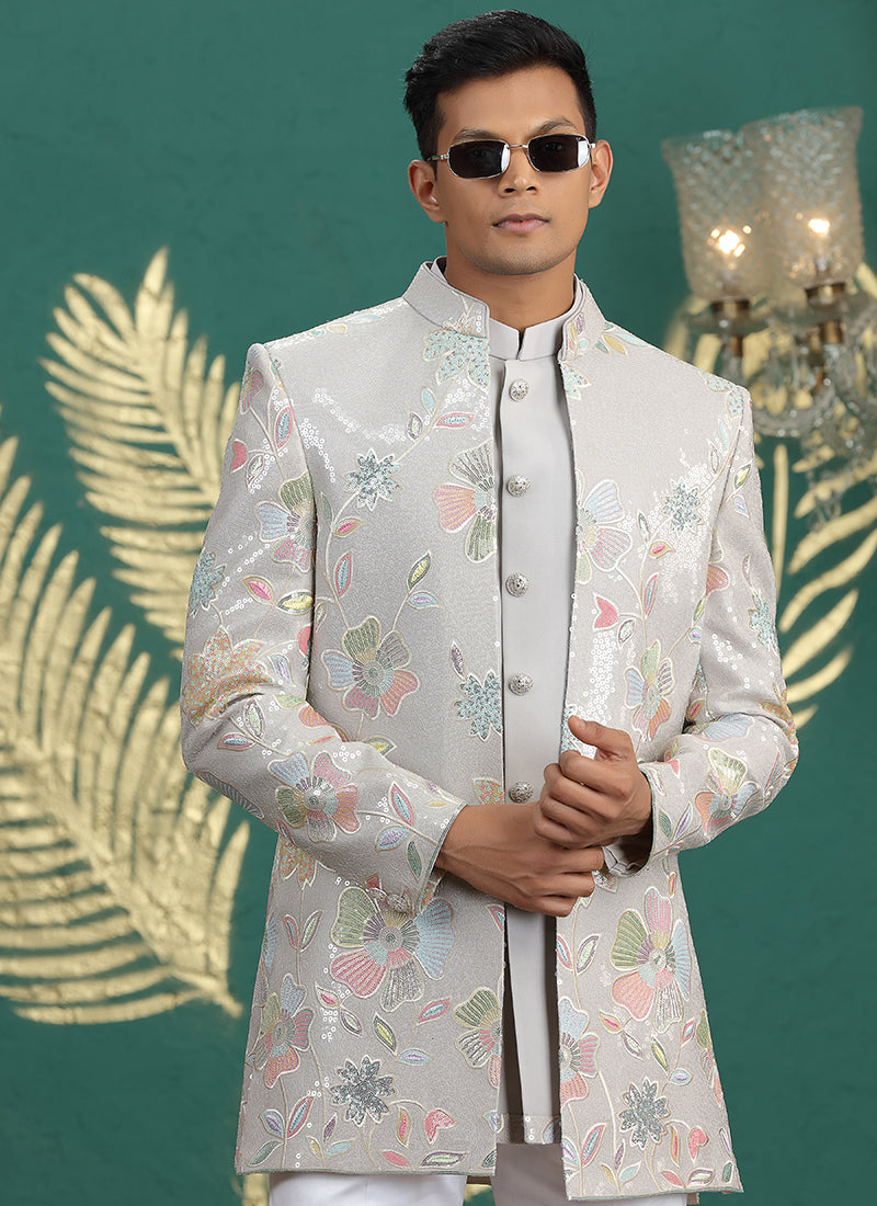 Art Silk Grey Party Wear Computer Thread Work Readymade IndoWestern Sherwani 387376