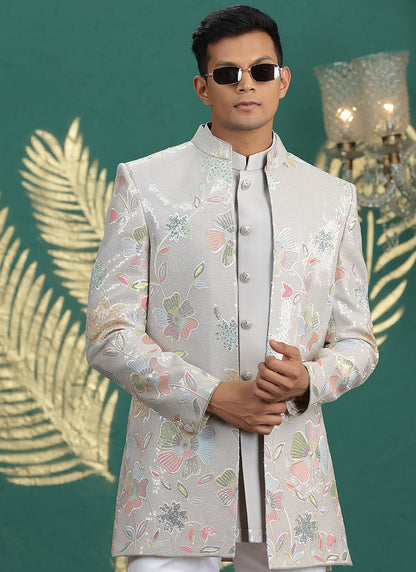 Art Silk Grey Party Wear Computer Thread Work Readymade IndoWestern Sherwani 387376