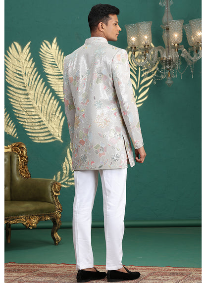 Art Silk Grey Party Wear Computer Thread Work Readymade IndoWestern Sherwani 387376