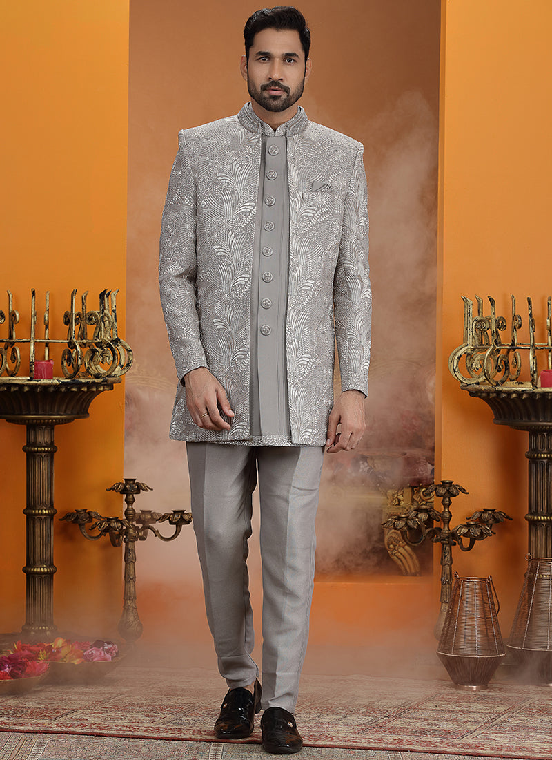 Grey Art Silk Computer Thread Work Wedding Wear Readymade Indowestern Sherwani SW910232