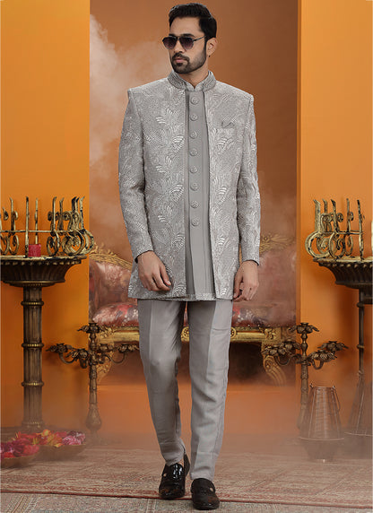 Grey Art Silk Computer Thread Work Wedding Wear Readymade Indowestern Sherwani SW910232