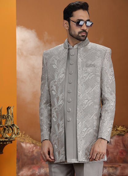 Grey Art Silk Computer Thread Work Wedding Wear Readymade Indowestern Sherwani SW910232