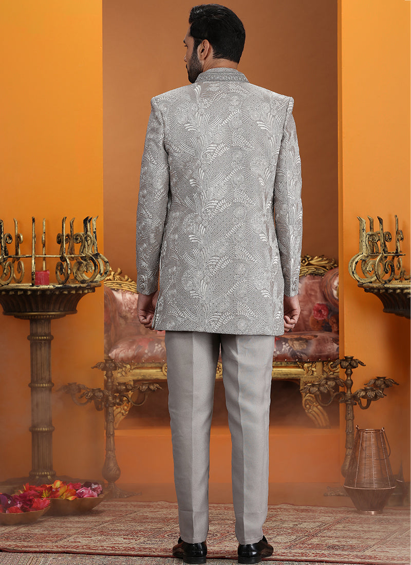 Grey Art Silk Computer Thread Work Wedding Wear Readymade Indowestern Sherwani SW910232
