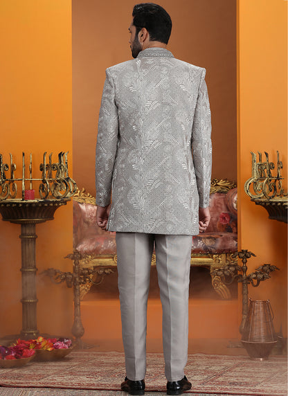 Grey Art Silk Computer Thread Work Wedding Wear Readymade Indowestern Sherwani SW910232