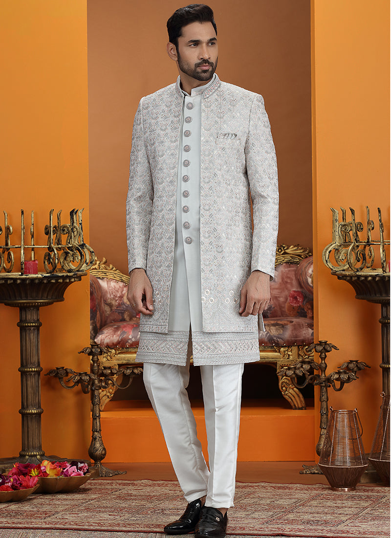 Grey Art Silk Computer Thread Work Wedding Wear Readymade Indowestern Sherwani SW114049