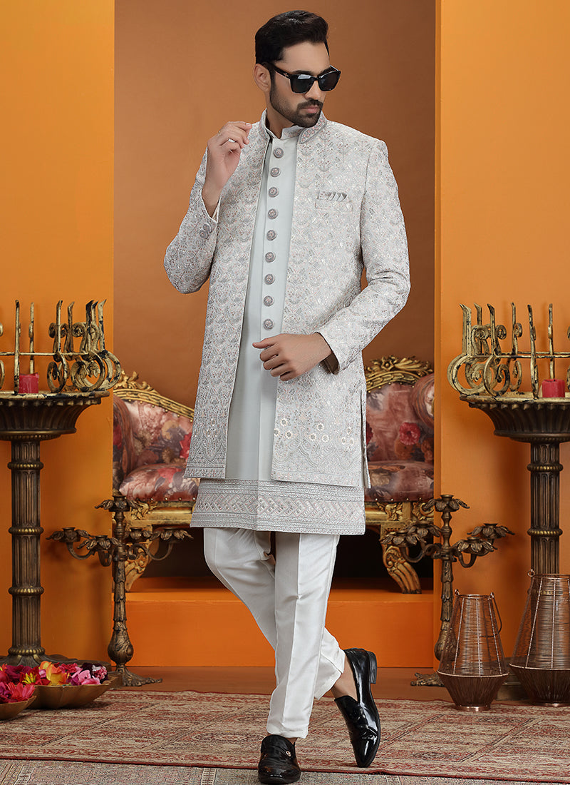 Grey Art Silk Computer Thread Work Wedding Wear Readymade Indowestern Sherwani SW114049
