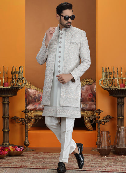 Grey Art Silk Computer Thread Work Wedding Wear Readymade Indowestern Sherwani SW114049