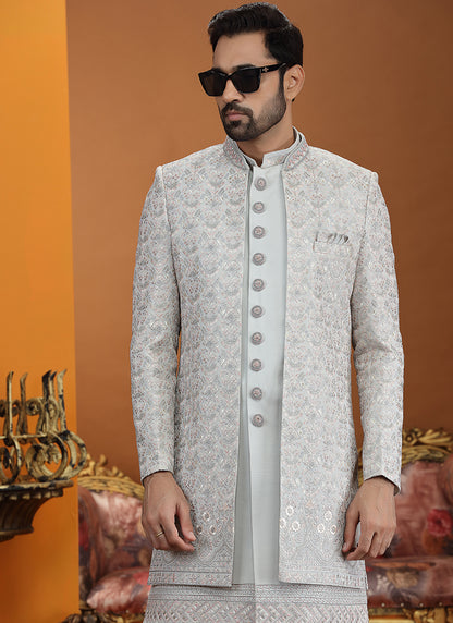Grey Art Silk Computer Thread Work Wedding Wear Readymade Indowestern Sherwani SW114049