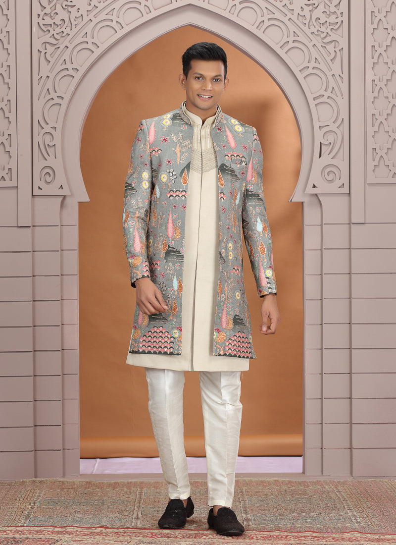 Art Silk Grey Wedding Wear Embroidery Work Readymade Indo Western Sherwani 386009