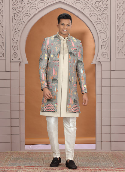 Art Silk Grey Wedding Wear Embroidery Work Readymade Indo Western Sherwani 386009