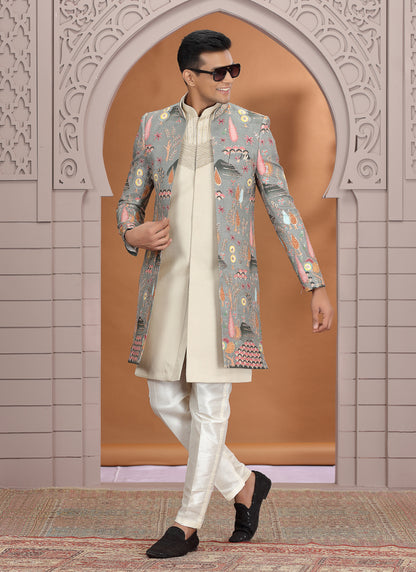 Art Silk Grey Wedding Wear Embroidery Work Readymade Indo Western Sherwani 386009
