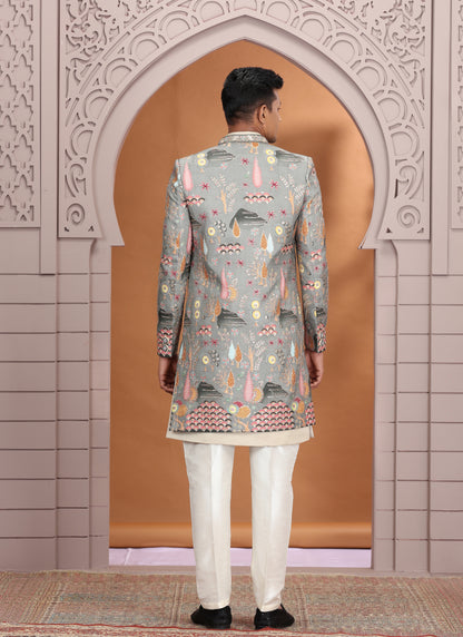 Art Silk Grey Wedding Wear Embroidery Work Readymade Indo Western Sherwani 386009