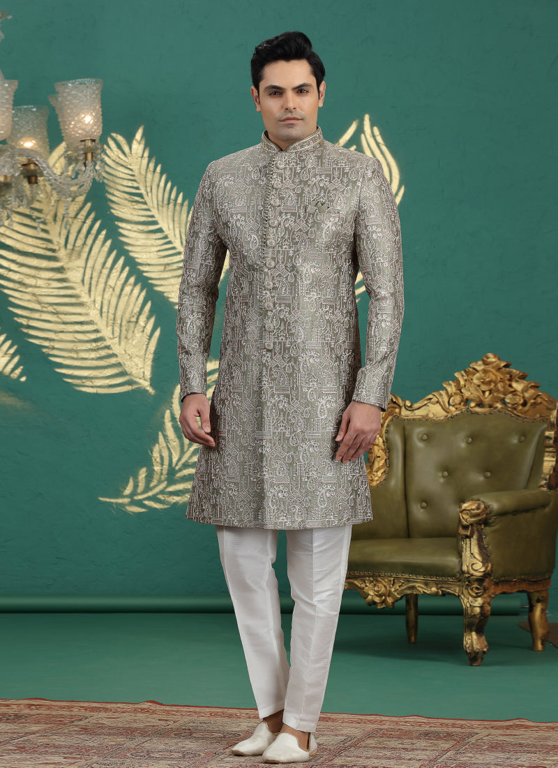Art Silk Grey Wedding Wear Hand Embroidery Readymade Groom Sherwani 386005