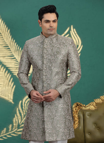 Art Silk Grey Wedding Wear Hand Embroidery Readymade Groom Sherwani 386005