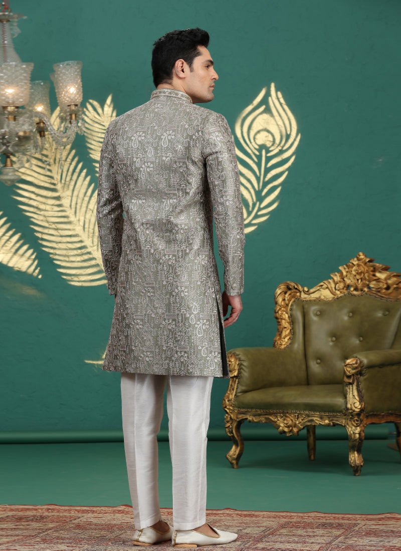 Art Silk Grey Wedding Wear Hand Embroidery Readymade Groom Sherwani 386005
